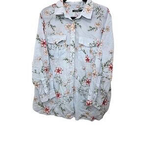 Lauren Ralph Lauren Women's 2x Floral Festival Hiking Shirt Light Blue Long-Slee